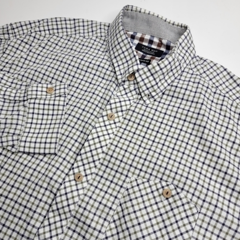Zara Man Large L Tailored Fit Gray / White‎ Checkered Long Sleeve Button Shirt
